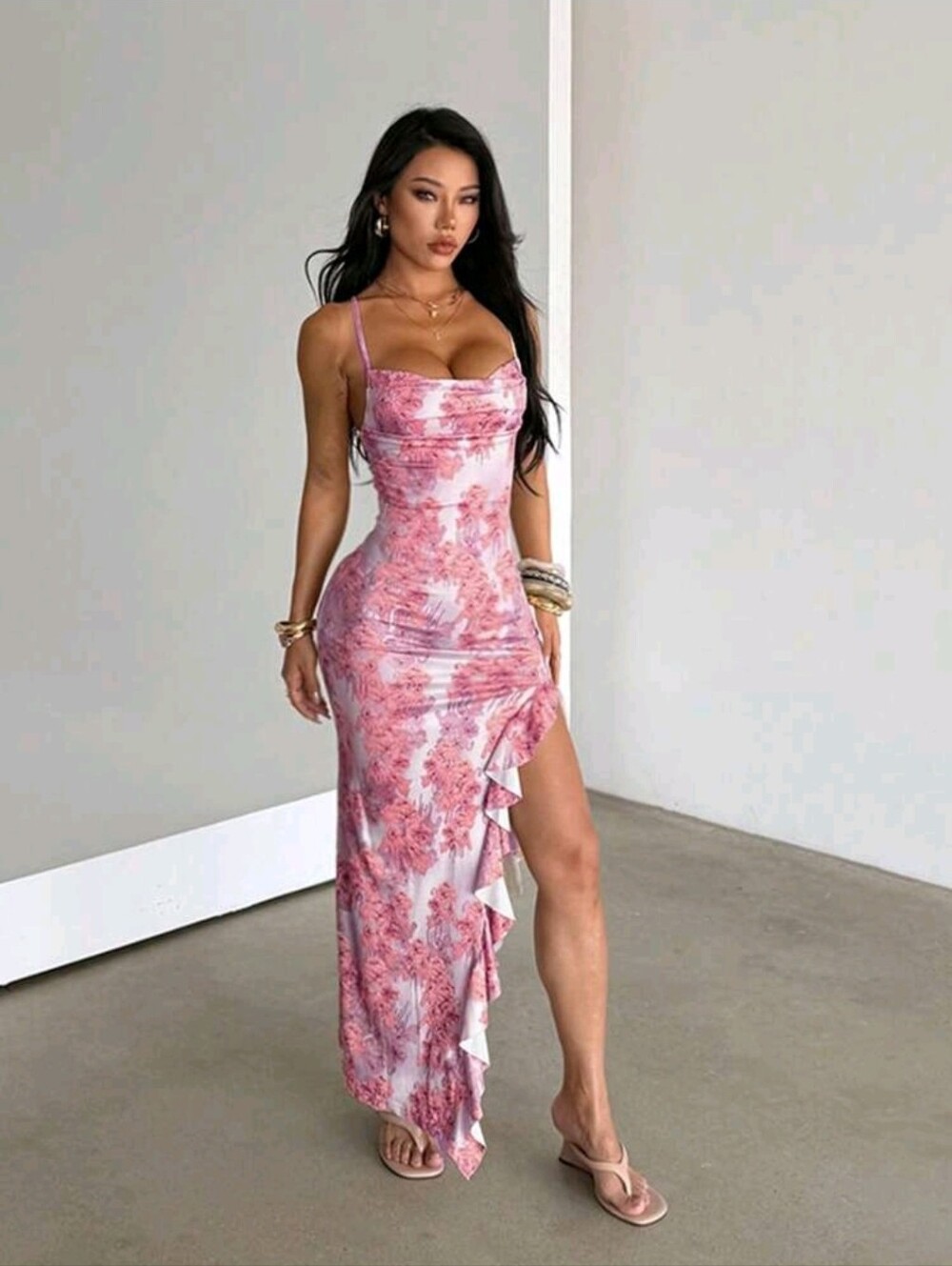 KaDiass Floral Print Spaghetti Strap With Ruffle Details, Side High Slit Dress